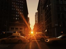 Taxi cabs at sunset in NYC. 