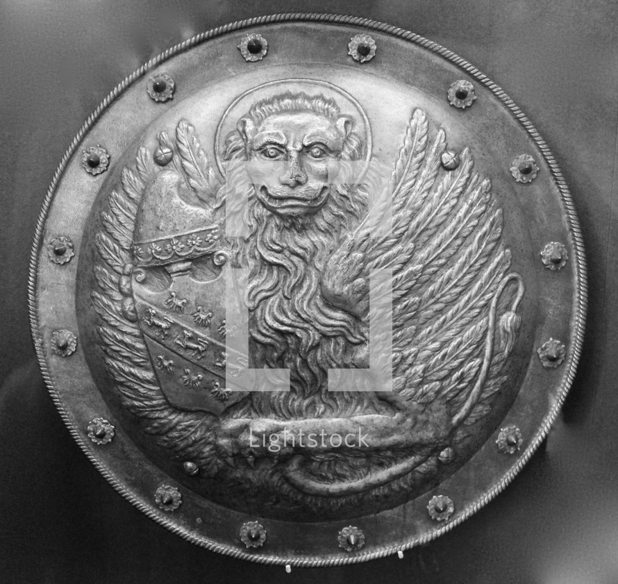 Winged lion emblem of St. Mark on a metal shield