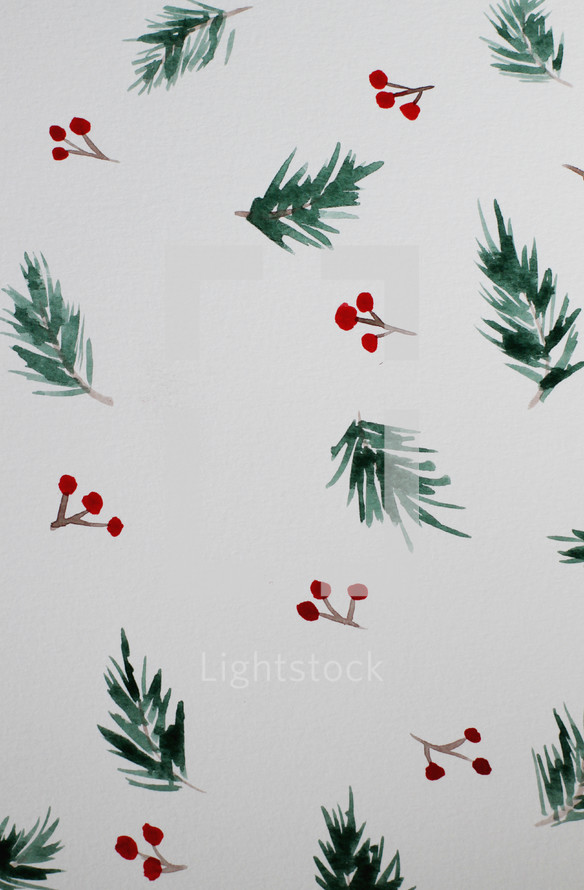 watercolor evergreen and red berry pattern background 
