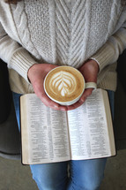 woman drinking coffee and reading a Bible 