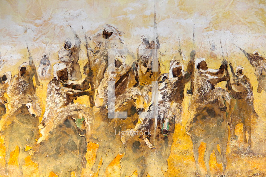 Painting of Tuareg desert warriors riding to war on horses and camels. 