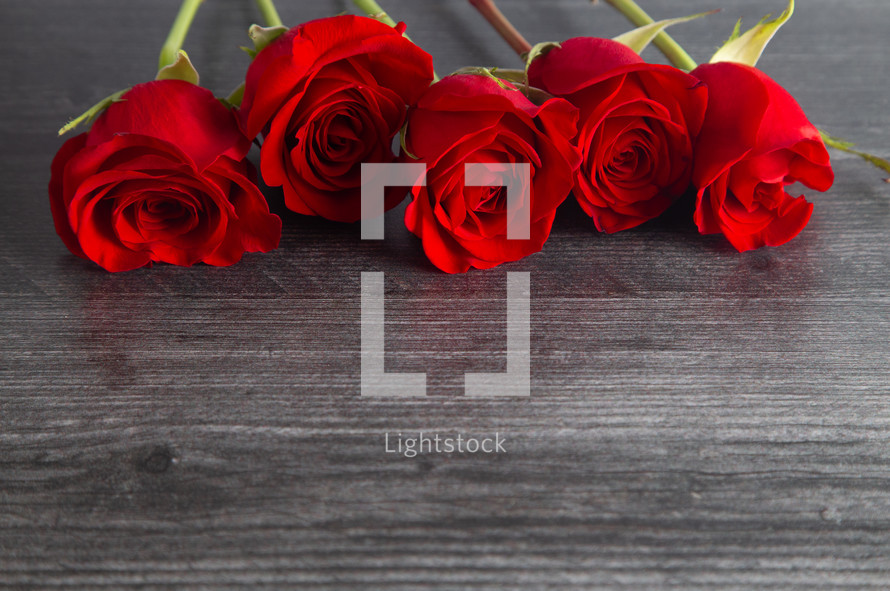long stem roses on a wood background 