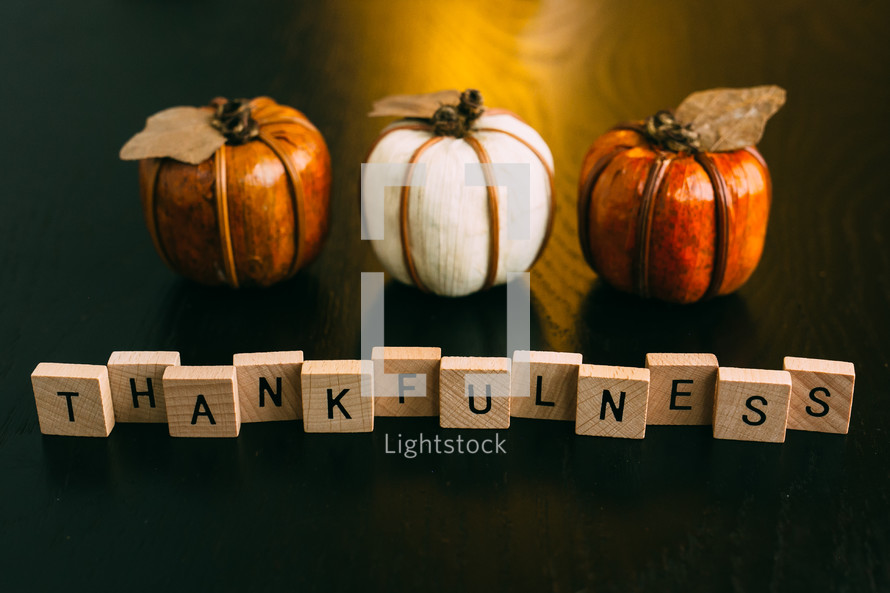 wood pumpkins and word thankfulness 