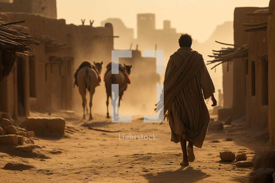 Man walking with his Camels in desert town