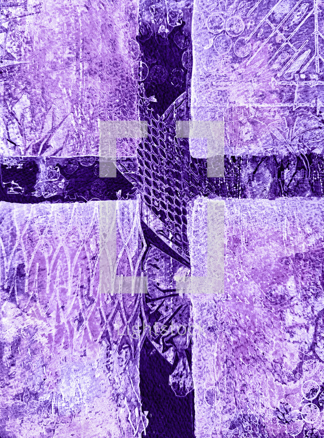 purple ink print cross with white textures imprinted