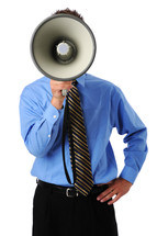 Man speaking in a bullhorn; bullhorn covers his face