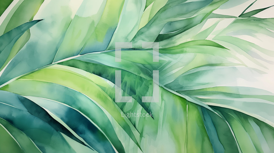 Green watercolor palm leaves background. 