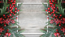 Christmas background border with red winter berries and evergreen pine branches greenery frame
