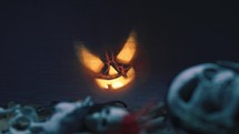 Scary Glowing Halloween Pumpkin And Skeleton