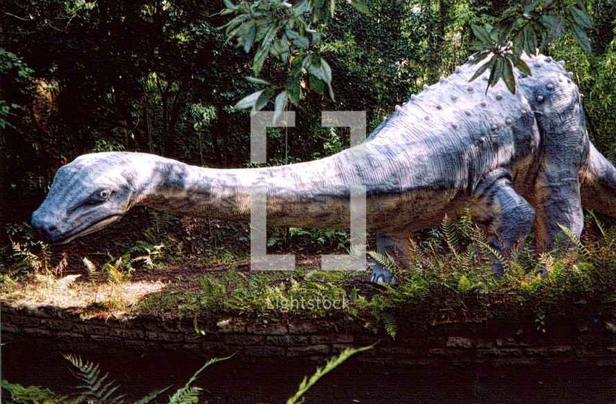 dinosaur - brontosaurus eating fresh vegetation from a river bank.