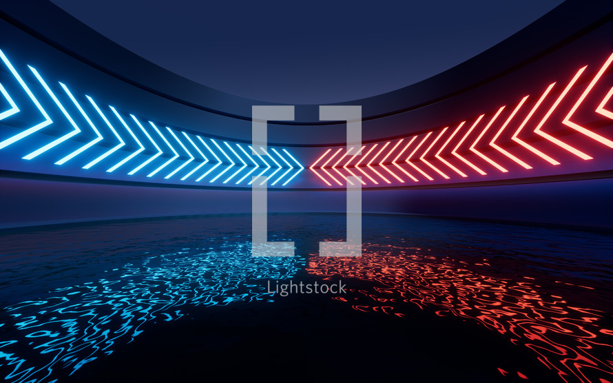 Glowing neon lines with water surface background, 3d rendering.