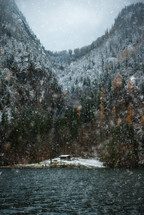 snowy lake scene 