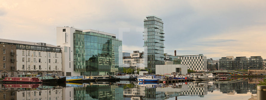 Cityscape of Docklands and river Liffey