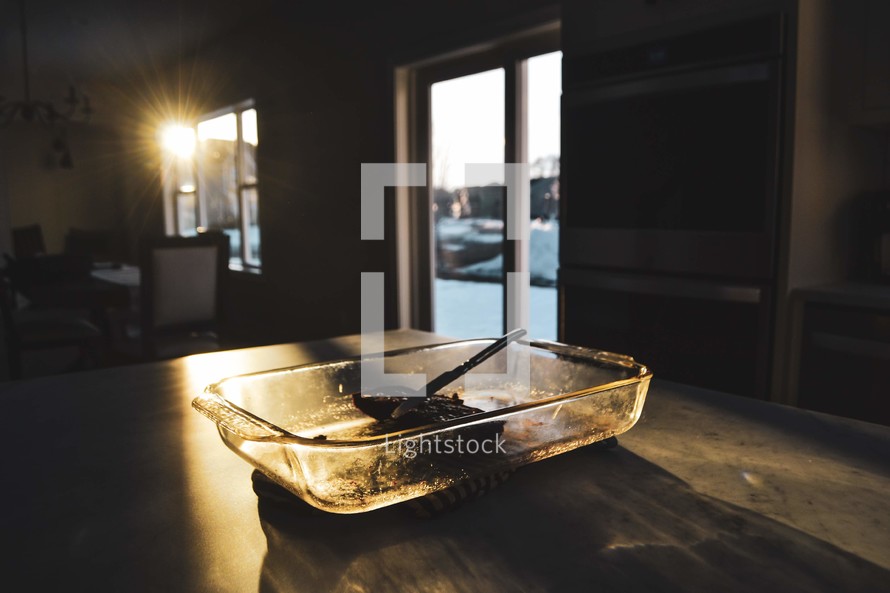 empty casserole dish on a table 