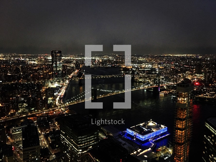 aerial view over a city at night 