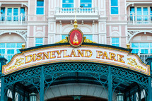 Paris, France - June 02, 2023: Disneyland Paris amusement park sign. It is located under Mickey Mouse's hotel.