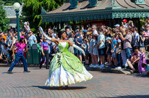 Paris, France - June 02, 2023: Show on the occasion of the 30th anniversary of Disneyland Paris. In the photo Tiana, the princess of the film The Princess and the Frog.
