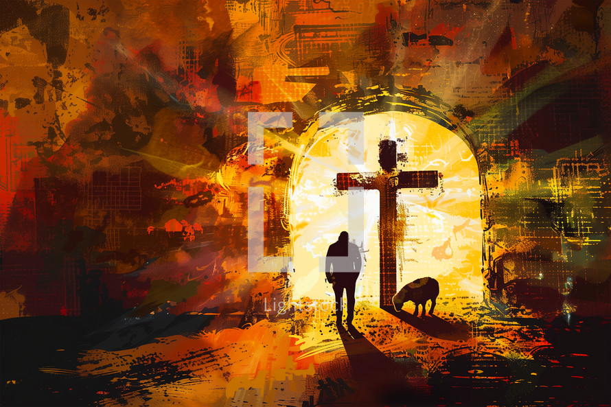 A stylized image of a man with head bowed before the cross and the lamb in the empty tomb with sun rays