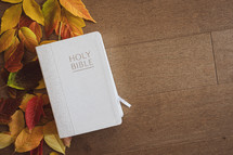 Closed white bible on a wood background with an autumn leaf border