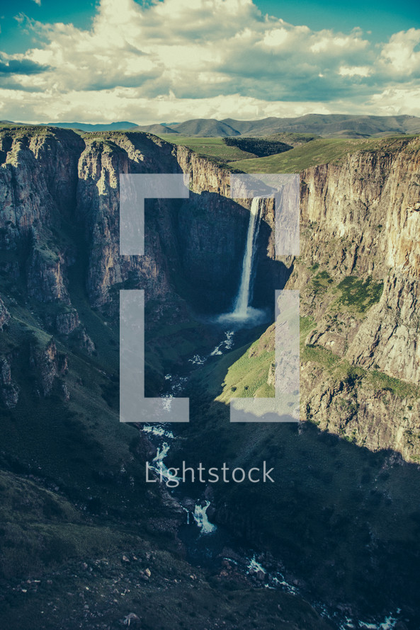canyon, cliff, waterfall, outdoors, rock
