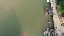 aerial view over a boat dock 