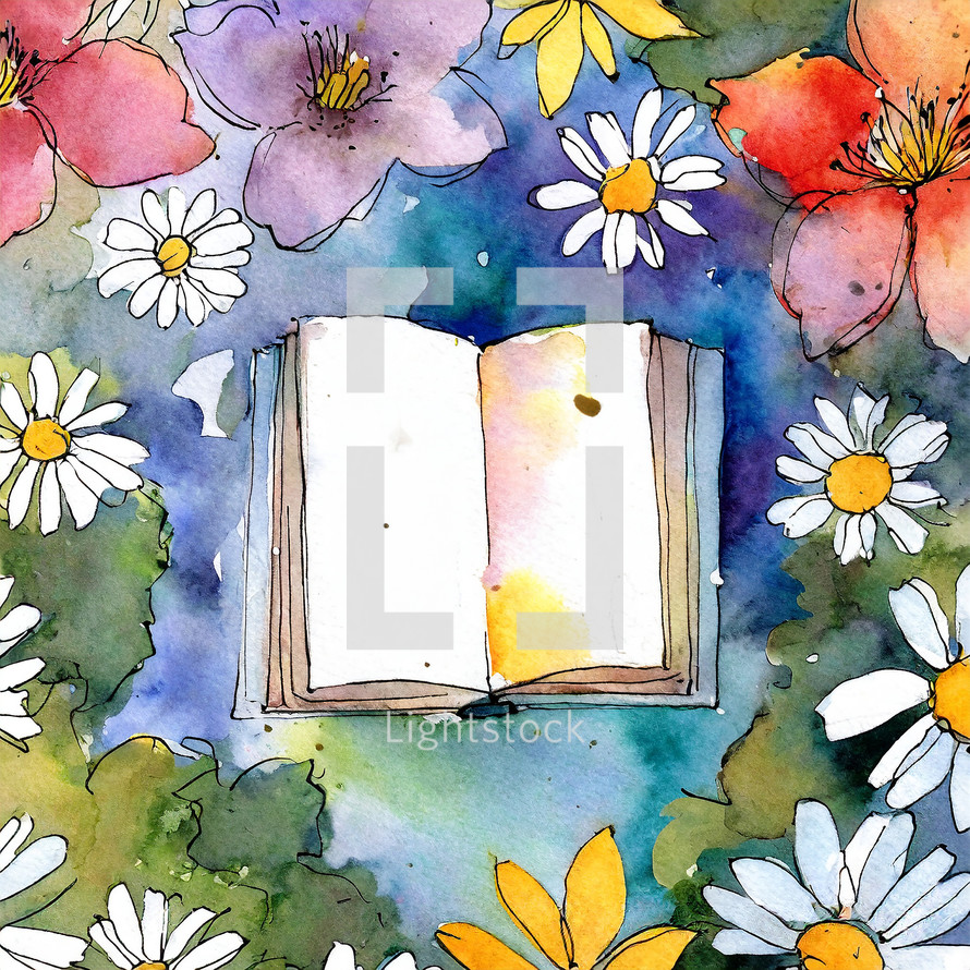 Top view of a blank book on a colorful watercolor flowery scene
