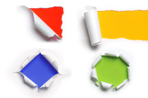 ripped paper, blue, orange, green, yellow 