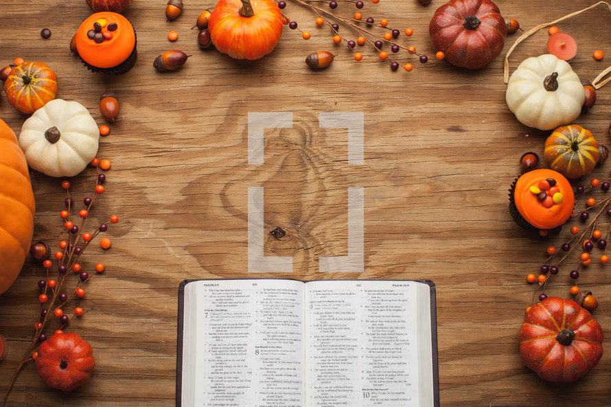 open Bible surrounded by fall themed decorations 
