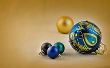Blue and gold Christmas ornaments.