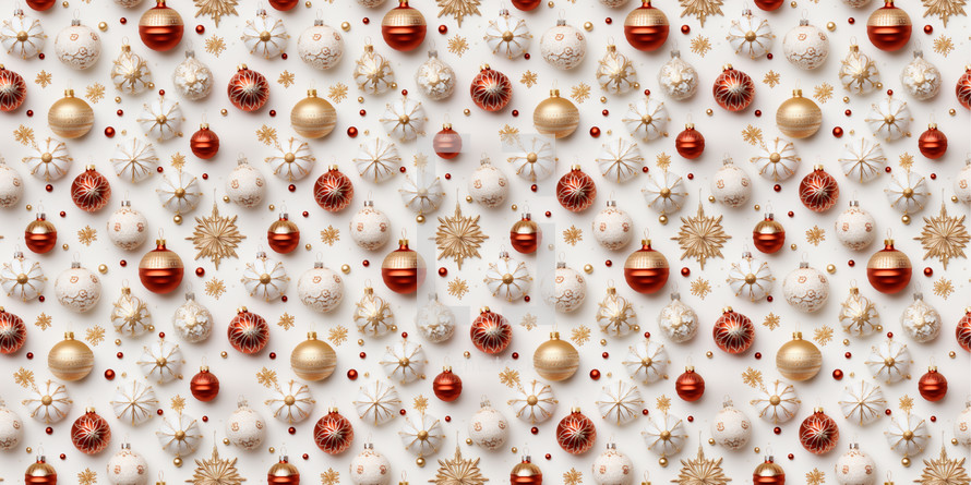 Pattern with Christmas balls in various sizes of red, gold, and white.