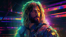 Portrait of Jesus in a digital space with neon colors and lines. Abstract Art