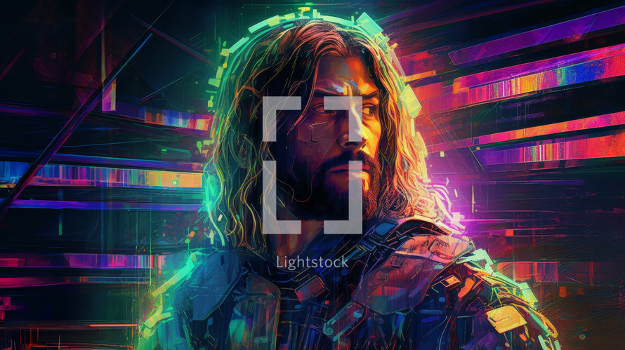 Portrait of Jesus in a digital space with neon colors and lines. Abstract Art