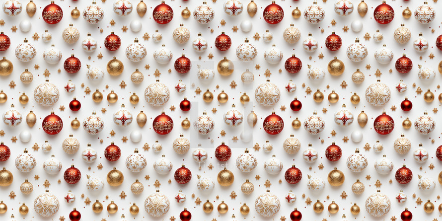 Pattern with Christmas balls in various red, gold, and white sizes.