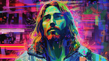 Portrait of Jesus painted in the style of realism. Bodl neon colors in harmony. 