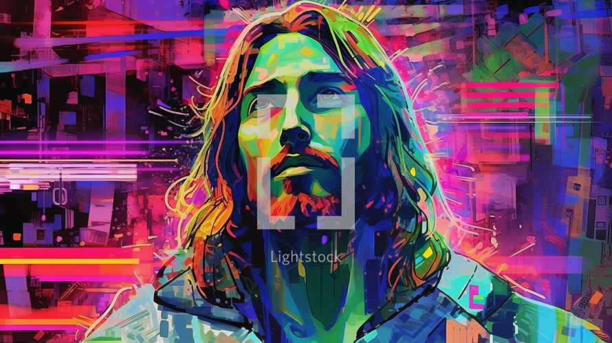 Portrait of Jesus painted in the style of realism. Bodl neon colors in harmony. 