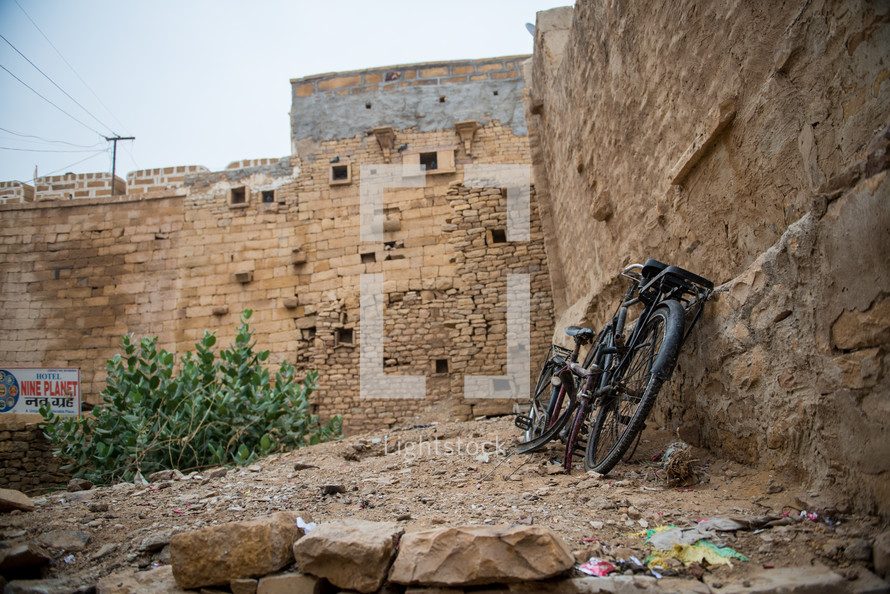 bike leaning against a wall in India 