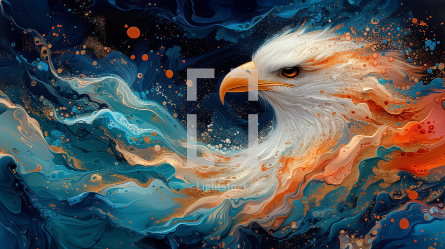 A white Bald eagle engulfed in blue and orange streams of living water and liquid paint. An abstract painting of an eagle and the atmosphere around it. 