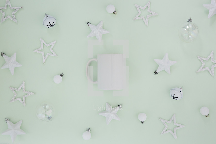 mug, white ornaments on mint green 