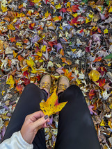 Woman sitting in fall leaves while holding yellow fall leaf 