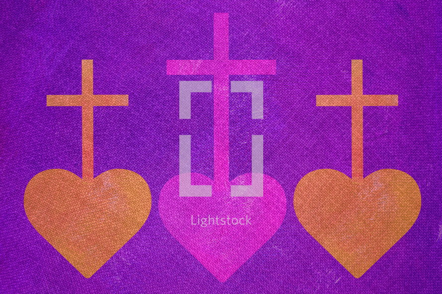 cross and hearts in purple and gold  