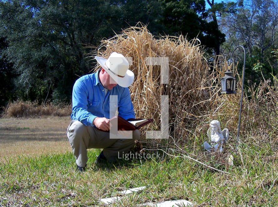 The sower of the good seed - a cowboy takes a break from his daily chores to reflect on the word of God and have a bible study in his quiet time away from work.