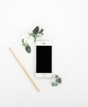 pencil, iPhone, and eucalyptus on a white background 