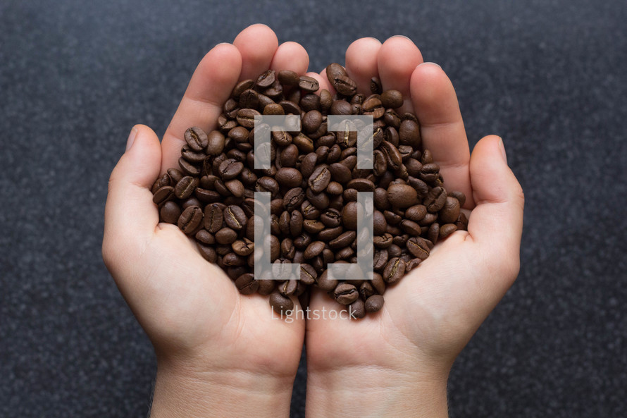 cupped hands holding coffee beans 