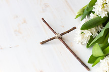 White hyacinth and tulips and cross 