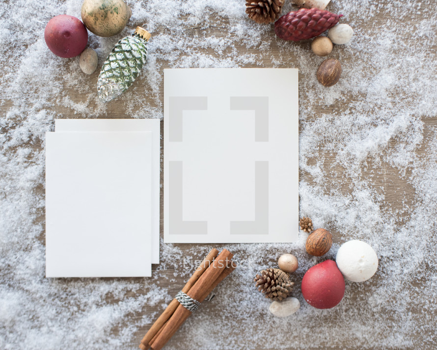 a festive Christmas desk with envelopes 