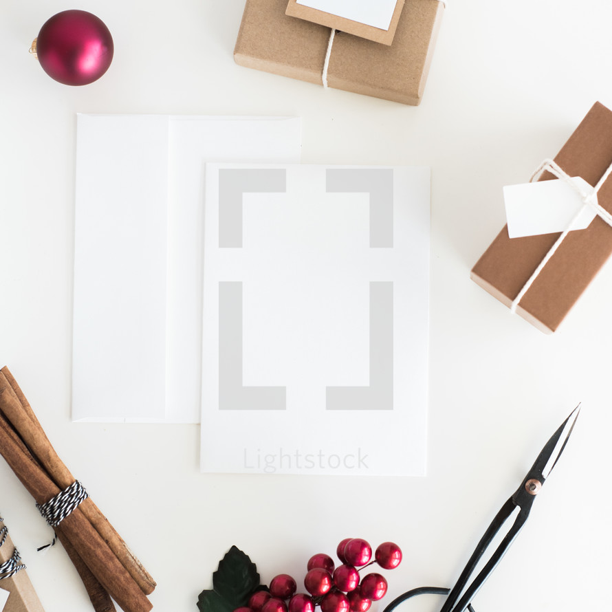 festive holiday desk with envelopes