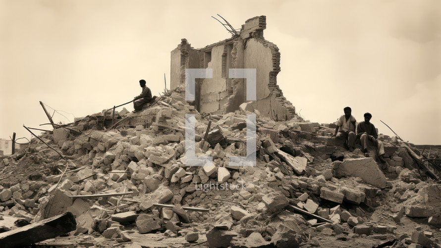 Vintage photography of a building demolished in a war or earthquake. Disaster concept