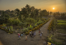 Children in the garden central India at sunrise