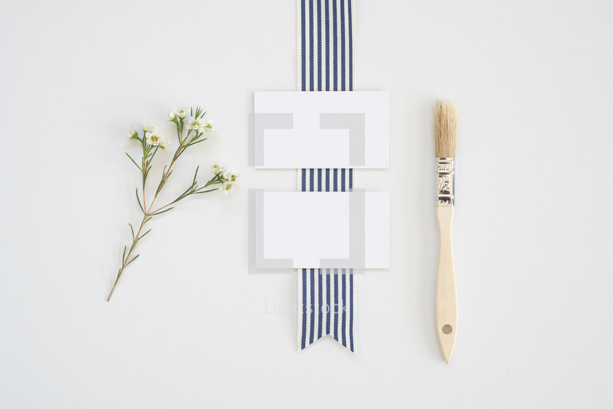 striped, ribbon, blank, white, notecards, paper, desk, paint brush, flowers 