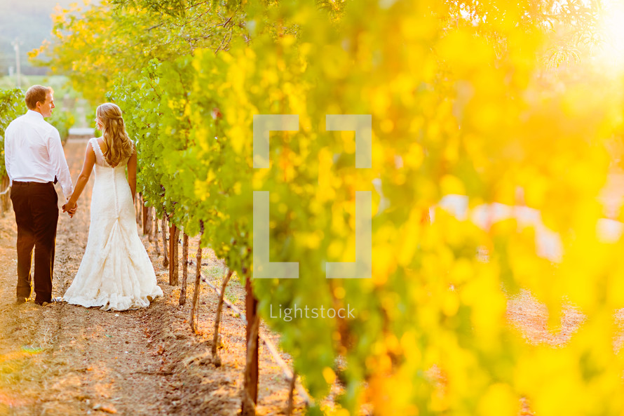 Bride and groom outdoors walking thru a vineyard napa valley love romance marriage wedding holding hands man woman